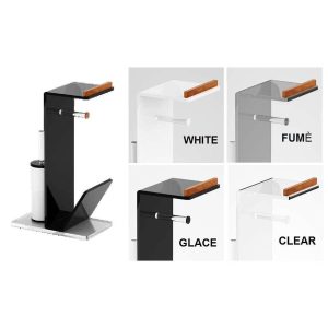 Porta riviste, carta e scopino da terra in plexiglass e teak Burma riciclato. Ideale per arredare il bagno con stile e funzionalità.