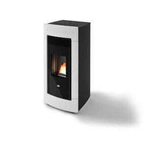 Stufa pellet Eva Calòr LAURA 13kW ventilata in acciaio e maiolica porta in vetro