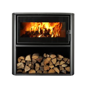 Stufa a legna Ischia 8 kW in acciaio con vetro oscurato e base portalegna