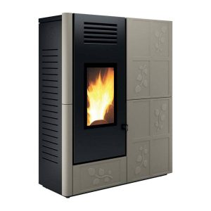 Stufa a pellet Caminetti Montegrappa FOLIA SXS12 vista frontale, design slim in acciaio e maiolica