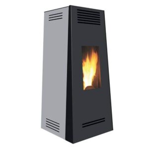 Stufa a pellet Montegrappa TIMBRO+ NPS10 EVO 9 kW, design moderno trapezoidale, colori grigio, nero, rosso